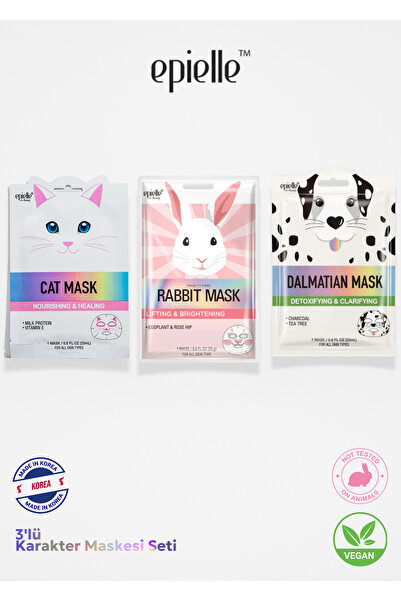 Epielle 3’lü Karakter Yüz Maskesi Seti – Kedi, Tavşan, Dalmaçyalı