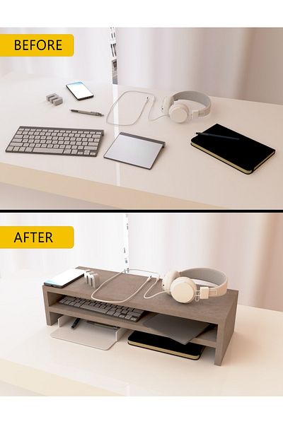 Mahmayi Wooden Riser Monitor Stand with 2 Tier Storage Shelf, Monitor Stand for Home Office-LIGHT CONCRETE