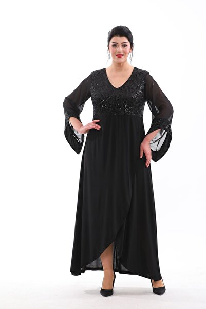 IŞILTI PAYET DETAYLI YIRIMAÇLI UZUN ELBİSE