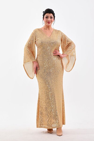 IŞILTI BÜYÜK BEDEN فستان سهرة لامع ذهبي ترتر نموذج سمكة فستان سهرة طويل فستان...