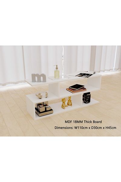 Mahmayi Modern TV Stand and Coffee Table with 2 Tier Storage Shelf, Monitor Stand for Home-PREMIUM WHITE