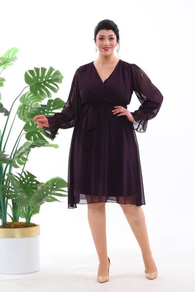 IŞILTI Βραδινό φόρεμα Midi σε μεγάλο μέγεθος - Διπλό λαιμόκοψη και ελαστικά μ...