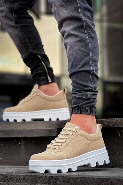 BESKAR Kb 056 Μπεζ Suede Λευκή Ψηλή Σόλα Casual Αθλητικά Παπούτσια