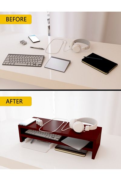 Mahmayi Wooden Riser Monitor Stand with 2 Tier Storage Shelf, Monitor Stand for Home Office-APPLE CHERRY