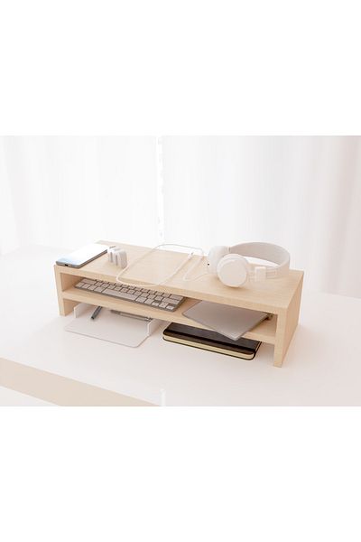 Mahmayi Wooden Riser Monitor Stand with 2 Tier Storage Shelf, Monitor Stand for Home Office-OAK MELAMINE