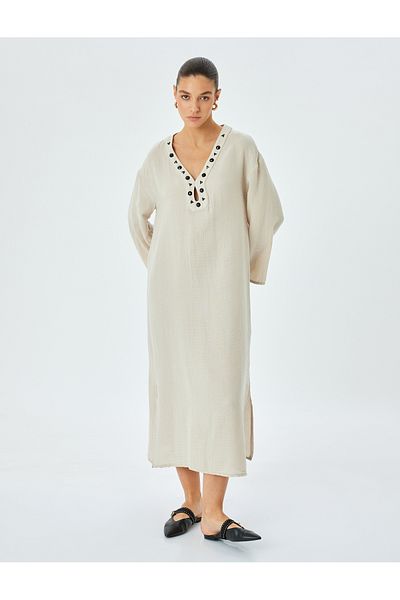 Koton Stone Embroidered V Neck Long Sleeve Cotton Casual Fit Long Dress