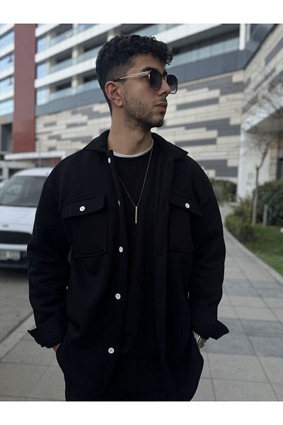 CAN Long Sleeve Black Slim Fit Cotton Raised Jacket Shirt