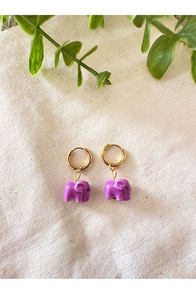 Atelier Çağla Purple Ceramic Elephant Steel Hoop Earrings