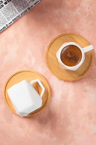 Porsima 12 Piece Turkish Coffee Porcelain Cup Set for 6 People with Mimosa Bamboo Plate