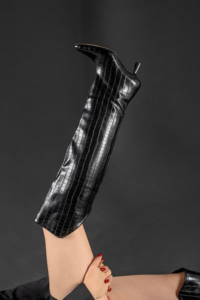 AYAKKABI PRENSİ Elation Black Crocodile 7 cm Γυναικείες Μπότες, Μπότες με τακούνι