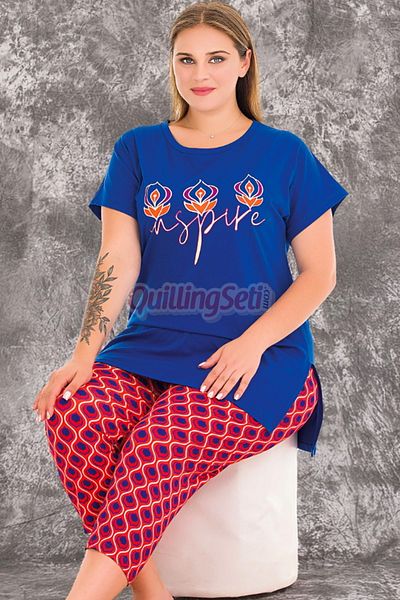quilling Culoare albastră și model Lady 10718 Set de pijamale pentru mamă de mărime mare și capris pentru femei