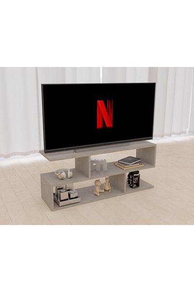 Mahmayi Modern TV Stand and Coffee Table with 2 Tier Storage Shelf, Monitor Stand for Home-LIGHT CONCRETE
