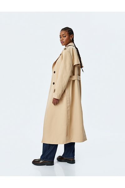 Koton Lined Gabardine Fabric Long Sleeve Pocket Double Breasted Belted Long Trench Coat