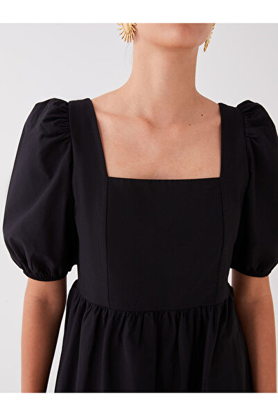 LC Waikiki Black Square Neck Straight Balloon Sleeve Dress