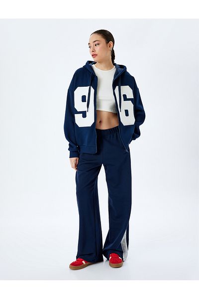 Koton Raised Hooded College Embroidered Oversize Zippered Sweatshirt