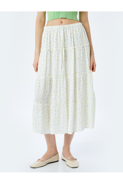 Koton Viskon Katlı Beli Bağcıklı Çiçekli Uzun Etek