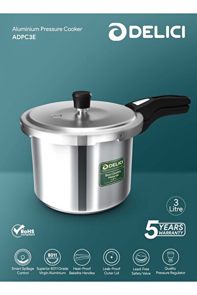 DELICI طنجرة ضغط بغطاء خارجي من الألومنيوم باللون الفضي سعة 3 لتر