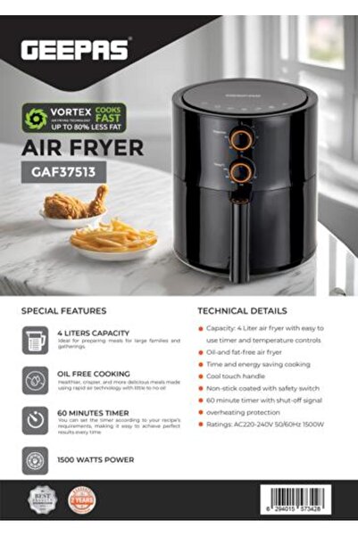 Geepas Air Fryer- 4.0 L Pot, Non-Stick Coating, with Vortex Frying Technology