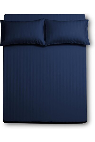 Master Home Textile King Fitted Sheet Set 3-Piece Deep Pocket 35cm Dark Blue Microfiber Striped
