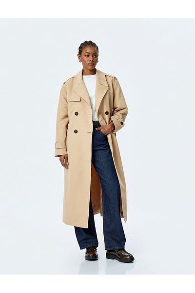 Koton Lined Gabardine Fabric Long Sleeve Pocket Double Breasted Belted Long Trench Coat