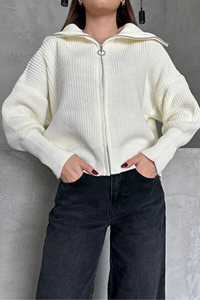 macharel jeans Ekru Devrik Yaka Fermuarlı Triko Hırka
