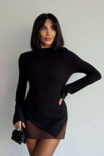 Bipantolon Γυναικεία ντραπέ λαιμόκοψη ασύμμετρη λύκρα πλεκτή ασπρόμαυρη μπλούζα 2 τεμαχίων