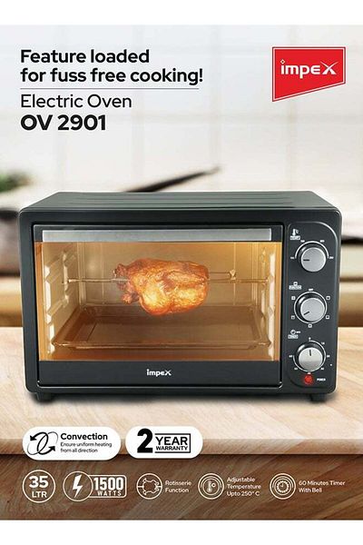 İMPEX Electric Oven 35 Ltr, 1500W, Rotisserie Function, 100-250°C, 60-Min Timer, 6 Heating Stages, Light