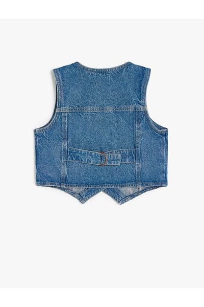 Koton Button Closure V Neck Cotton Crop Denim Vest