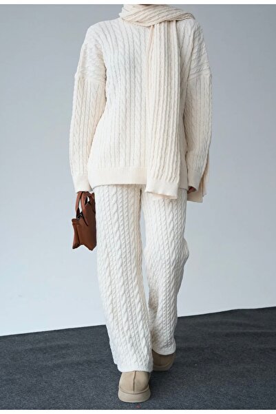 Gallogi طقم نسائي من 3 قطع بياقة مدورة من القطن الفاخر المضفر