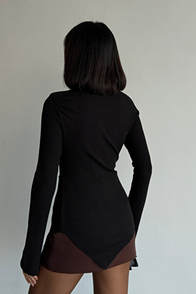 Bipantolon Γυναικεία ντραπέ λαιμόκοψη ασύμμετρη λύκρα πλεκτή μαύρη κρέμα μπλούζα 2 τεμαχίων