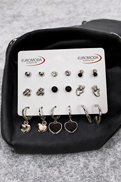 EUROMODA Kalp Siyah İnci Tasarımlı İnci Tektaş Halka ve Top Küpeli 9lu Küpe Seti
