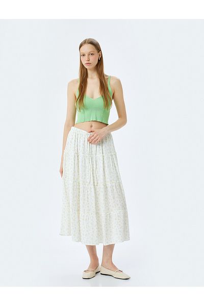 Koton Viscose Layered Lace up Waist Floral Long Skirt