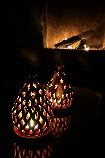 AdenArtpottery İkili Toprak El Yapımı Dekoratif Tasarım Tabaklı Mumluk Set, D...