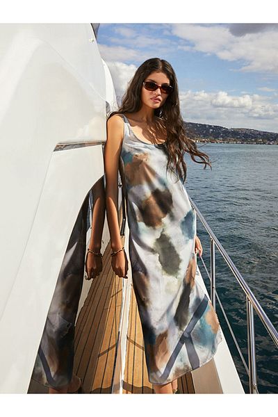 LC Waikiki Lcw U-Neck Tie-Dye Pattern Satin Women's Dress Fast Fashion