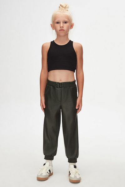 LOVETTI Sea Green Girls' Winter Leather Trousers with Snap Fastener and Drawstring