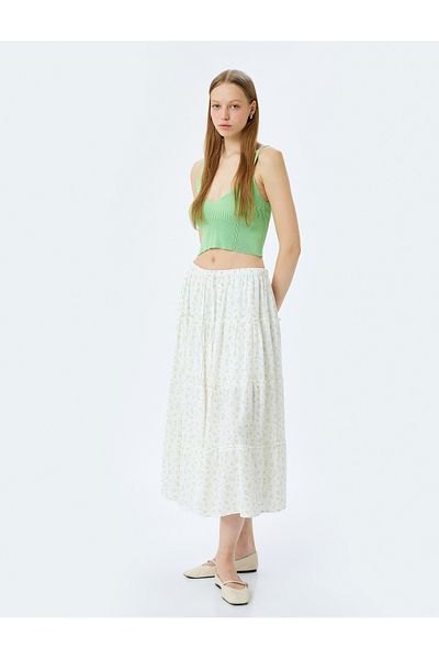 Koton Viscose Layered Lace up Waist Floral Long Skirt