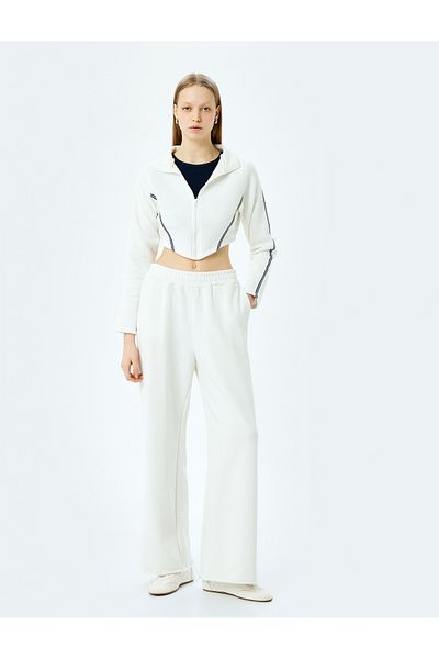 Koton Raised Long Sleeve Stripe Detailed Zippered Crop Sweatshirt