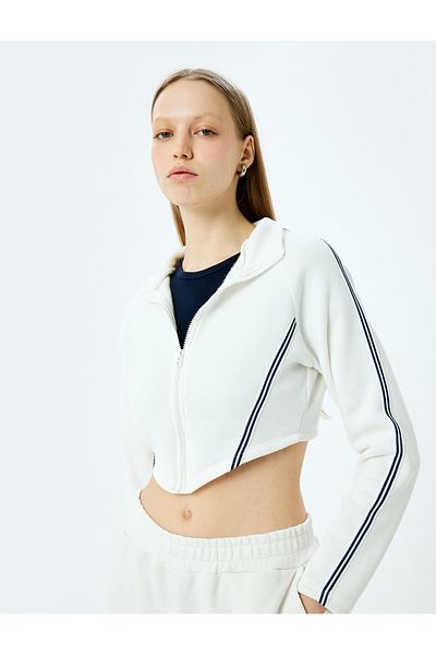 Koton Raised Long Sleeve Stripe Detailed Zippered Crop Sweatshirt