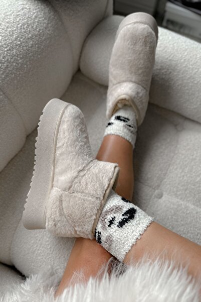 Shoebutik Browny Bej Peluş Kışlık Taban Kadın Bot