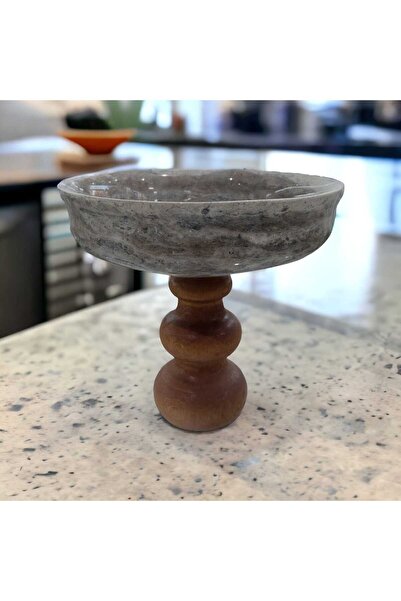 Sümeyra Marble Art Ασημένιο μπολ τραβερτίνης - Ασημένιο μπολ τραβερτίνης - Μπολ με ξύλινο πόδι