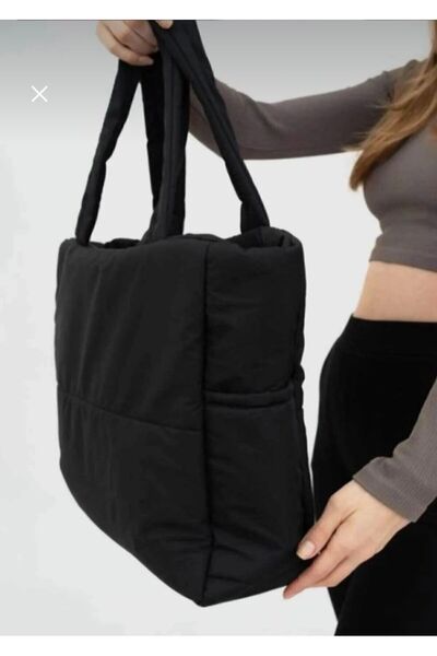 BAGSY Geantă shopper din țesătură pufă neagră în relief
