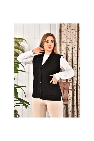 Lonca Tekstil Vestă neagră pentru mamă din tricotaje - mărime Plus, cu buzunare și model de evantai cu potrivire relaxată