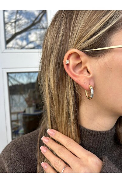 Jerie Gold Front Stone Detailed Full Lap Hoop Earrings