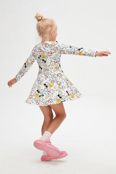 LOVETTI Girl's Cute Faces Pattern Long Sleeve Dress