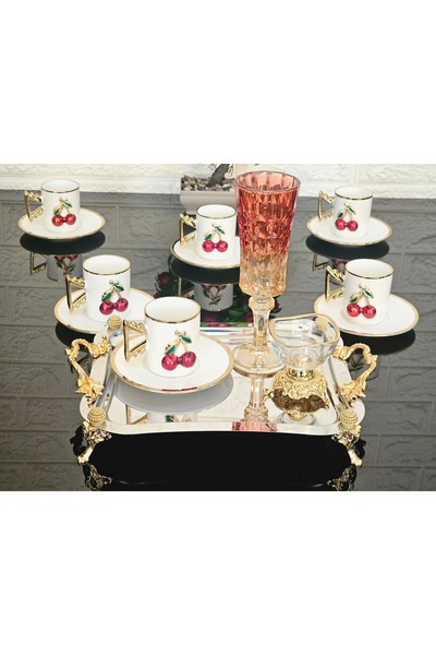 atabey home collection 6-Person Cherry Draped Gold Gilt Finished Porcelain Cup Set - Passion Model