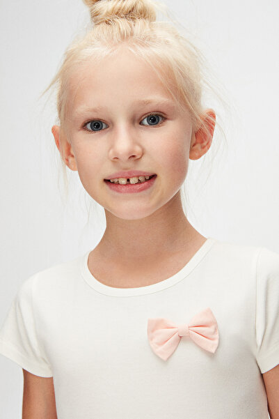 LOVETTI Short Sleeve Ecru Girl's Dress with Dried Rose Bow Detail