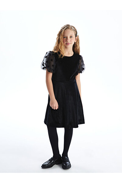 LC Waikiki Black Crew Neck Velvet Girl's Dress