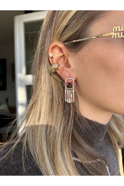 Jerie Gold Square Design Fuchsia Stone Detailed Brand Model Earrings