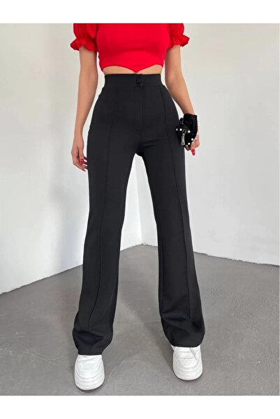 hiraz fashion Women's Black Ribbed Stitched High Waist Lycra Trousers