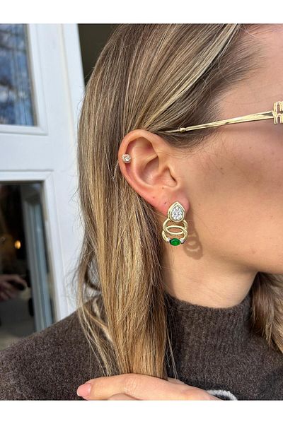 Jerie Gold Drop Spiral Design Green Stone Design Earrings